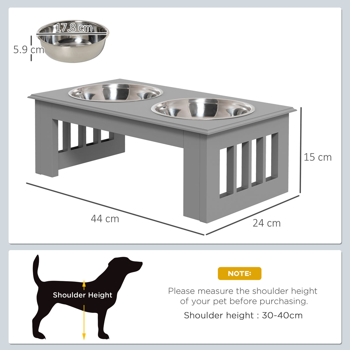 PawHut Raised Dog Feeding Bowls With Stand, Stainless Steel For Extra Small And Small Dog, 44L X 24W X 15H Cm - Grey