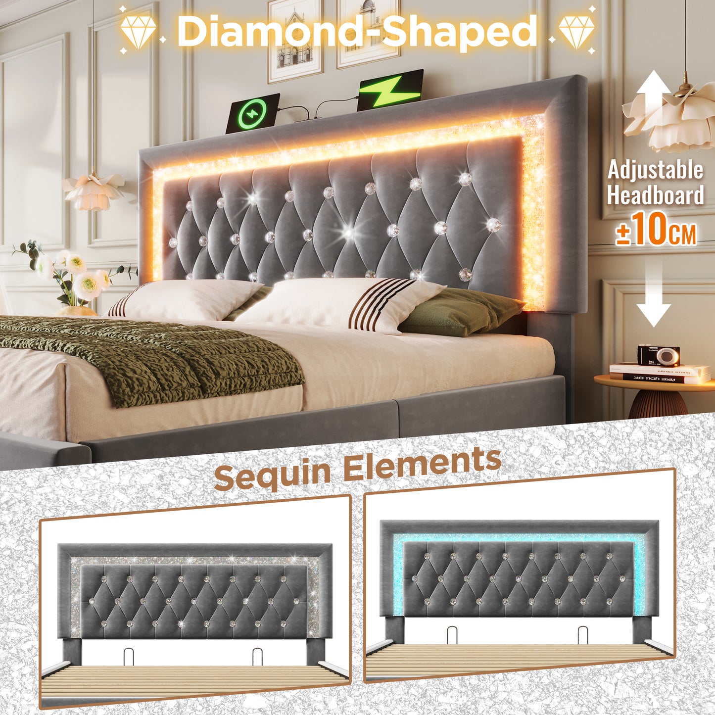 Upholstered Bed 135 X 190 Cm With LED Lighting, USB Type-C Charging, 4ft6 Hydraulic Storage Bed With Adjustable Diamond Tufted Headboard, Velvet, Grey No Mattress
