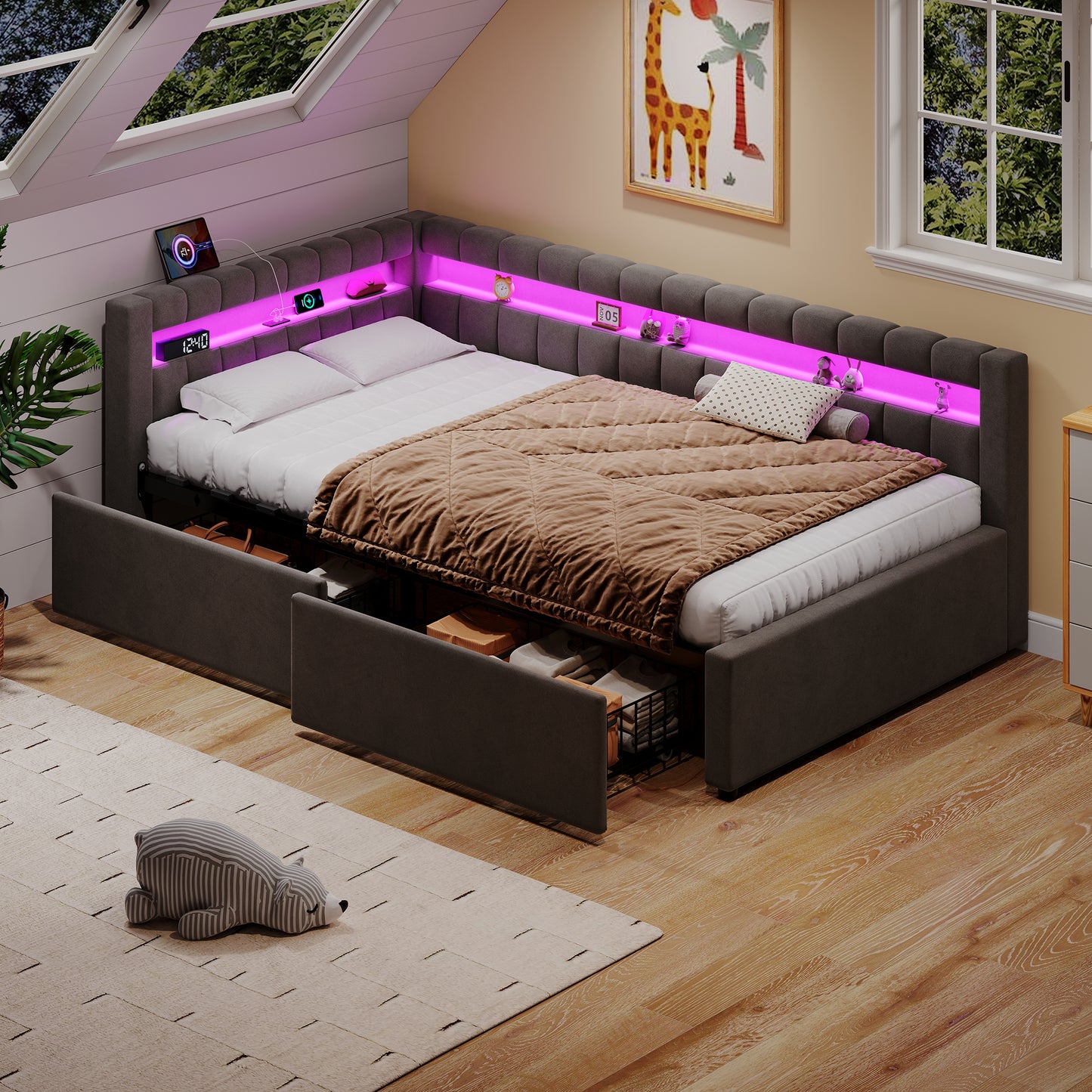 3ft Single Daybed With Two Storage Drawers, LED Modern Channel Tufted Bed Frame With Charging Station, Velvet Sofa Bed For Living Room Bedroom Study Room, 90X190cm, Easy Assembly, Grey No Mattress