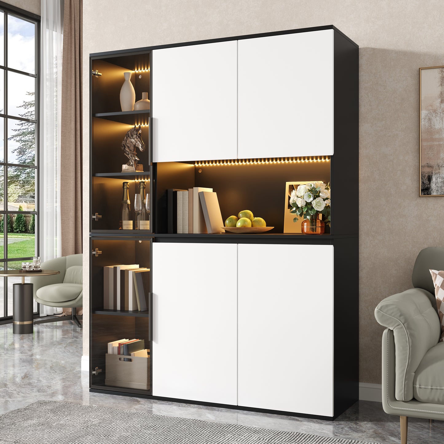 Tall Cabinet, Display Cabinet, Highboard, Sideboard, Black And White Look, Glass Elements, Integrated LED Lights, MDF Body, Spacious Storage Space, Dining Room Cabinet, Living Room Cabinet