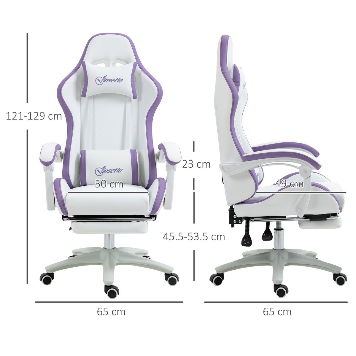 Vinsetto Computer Gaming Chair, PU Leather Office Desk Chair With Footrest, Swivel Wheels, 135° Reclining Back, Lumbar Support, Headrest For Home, White And Purple
