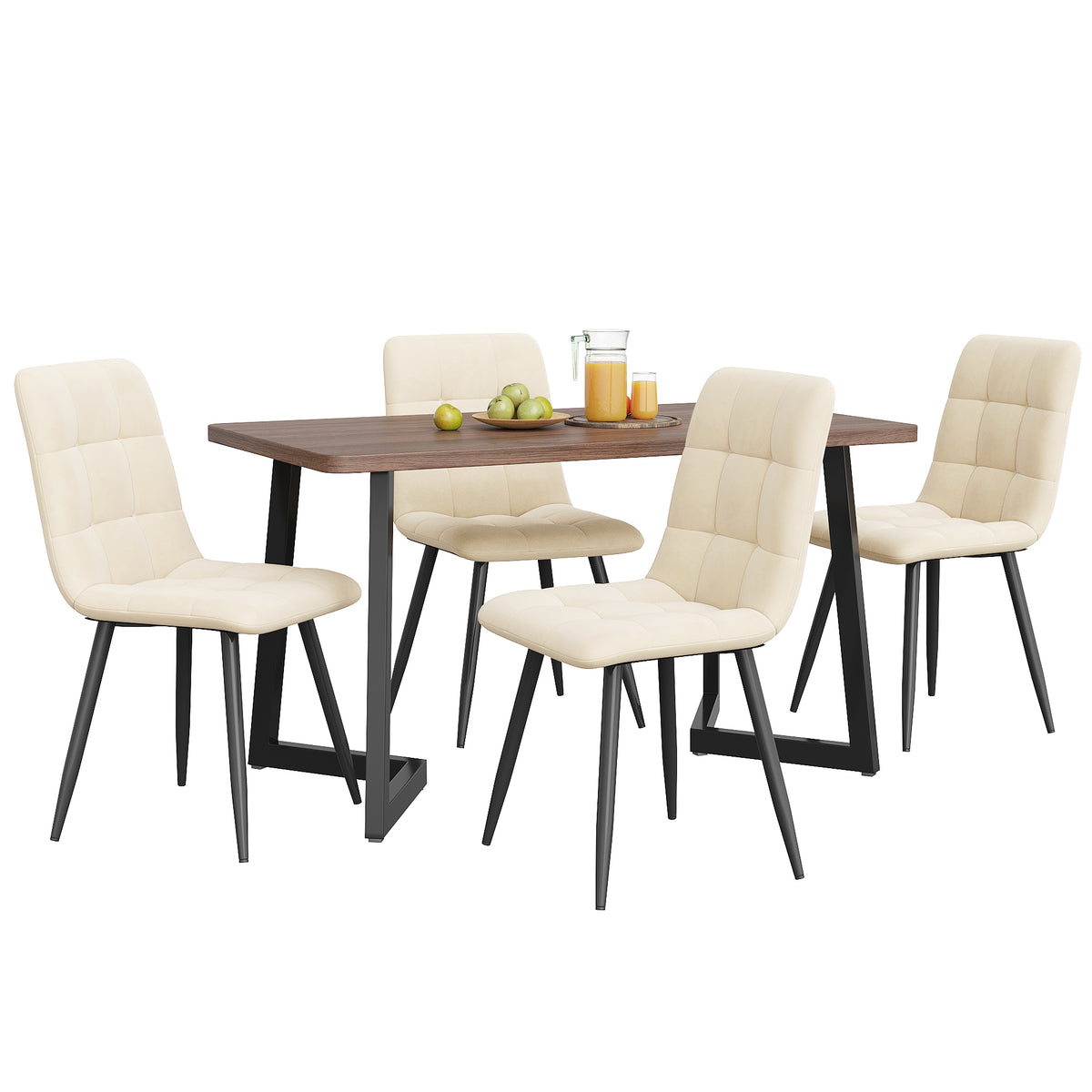 5-Piece Dining Set Table And 4 Chairs, Modern Kitchen Table Set, Kitchen Table With Wood-Grain Finish And Black Metal Legs, Walnut-Colored MDF Tabletop, Beige Velvet Dining Chairs
