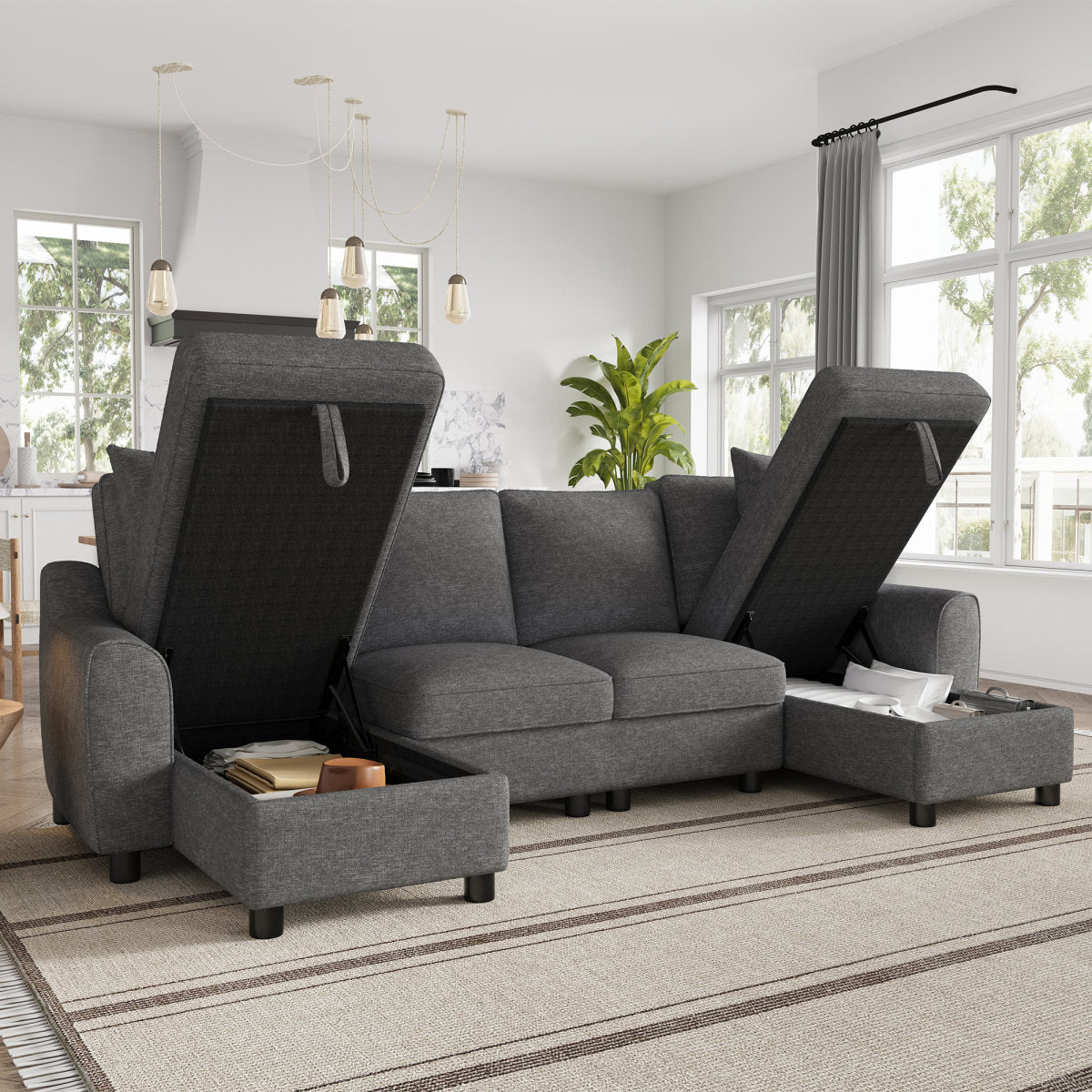 Modern Luxury Chenille U-Shaped Sectional Sofa With 2 Storage Chaise Lounges, 2 Square Cushions, Comfy Couch For Living Room, Grey, 272 X 131.5 X 84 Cm