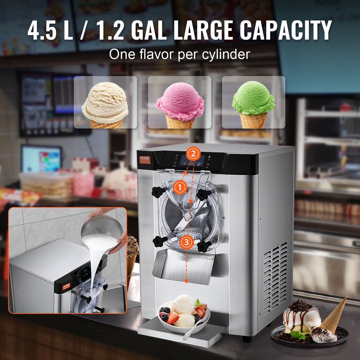Commercial Ice Cream Machine, 12 L/H Yield, 1713W Single Flavor Countertop Hard Serve Ice Cream Maker, 4.5L Stainless Steel Cylinder, LED Panel Auto Clean Pre-cooling, For Restaurant Snack Bars