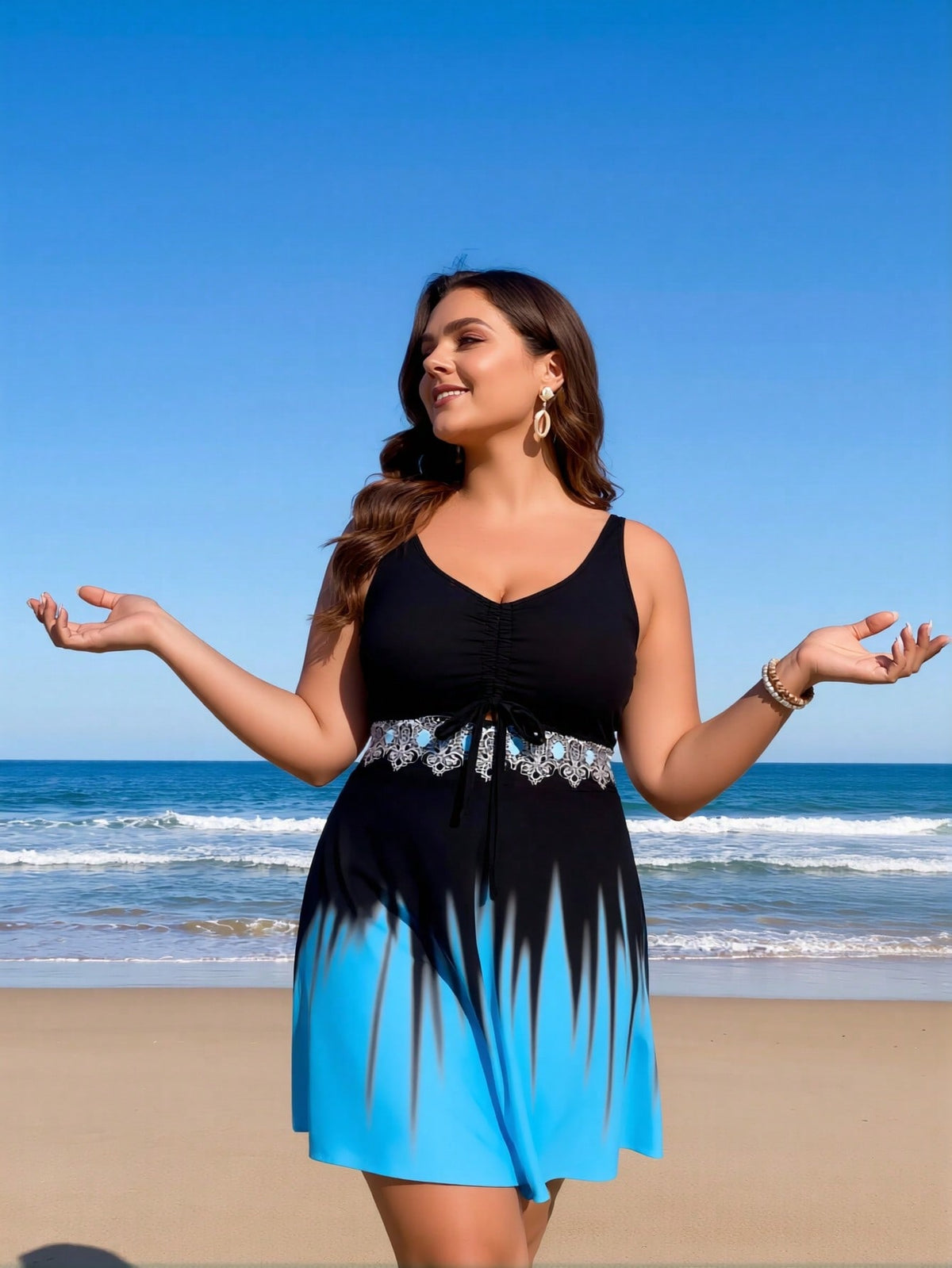 2026 New Plus Size Women's Sexy Fashion Black-Blue Gradient Ruched Lace One-Piece Swimdress For Vacation & Leisure