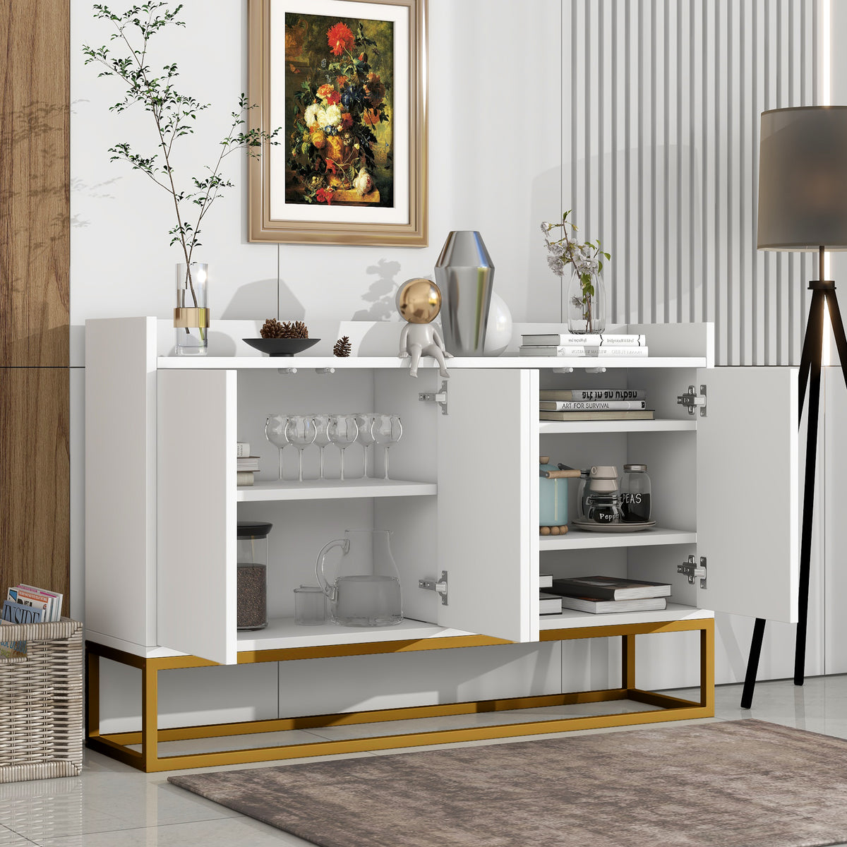 Modern Minimalist Style Sideboard 4 Door Handleless Buffet Cabinet For Dining Room, Living Room, Kitchen White