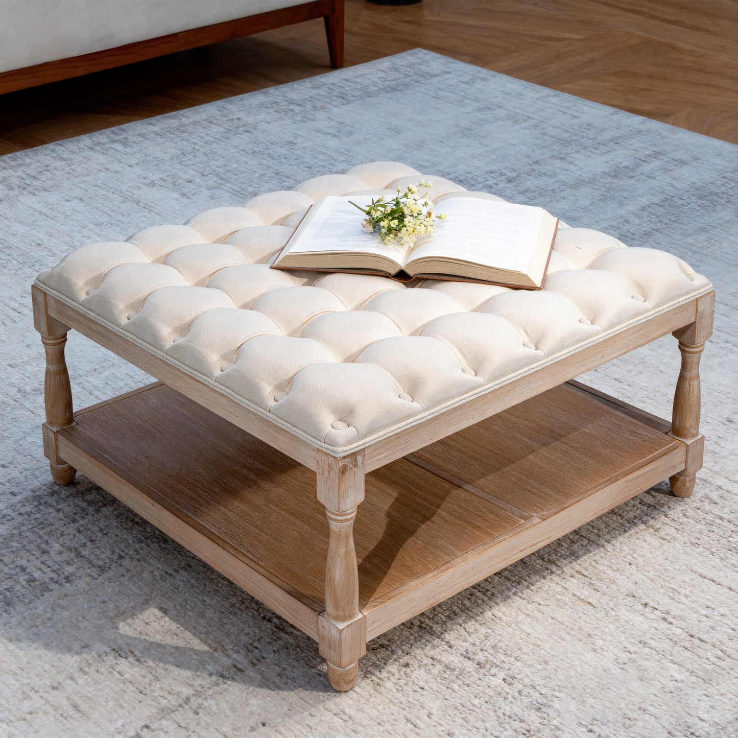 33 Inch Large Square Ottoman Coffee Tables For Living Room, Tufted Upholstered Linen Ottoman With Storage Shelf And Solid Legs For Office Bedroom Farmhouse Beige