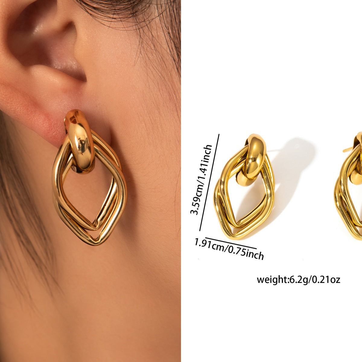 Gold Stainless Steel Earrings For Women, Niche Light Luxury Fashion High-End Tarnish Resistant Titanium Steel Ear Jewelry