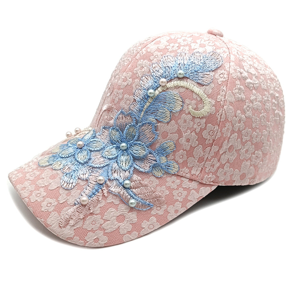 New Women's Breathable Lace Mesh Fabric With Exquisite Floral Embroidery In A Sweet Style, Featuring Beaded Baseball Cap For Outdoor Wear