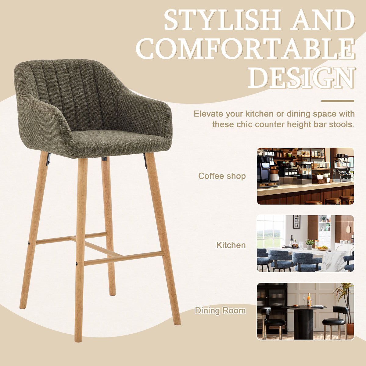 Modern Bar Stools Set Of 2, Kitchen Island Tall Chairs With Back, Arm, Footrest And Solid Wood Leg, Linen Fabric Upholstered Bar Stools