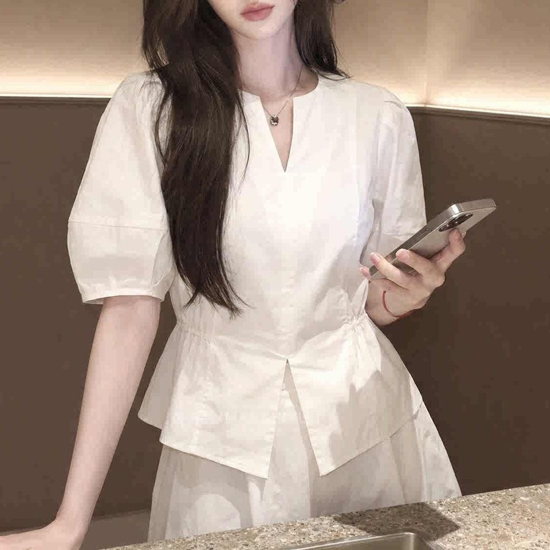 Summer New Arrival Designer White Puff-sleeve Waist-cinching Blouse