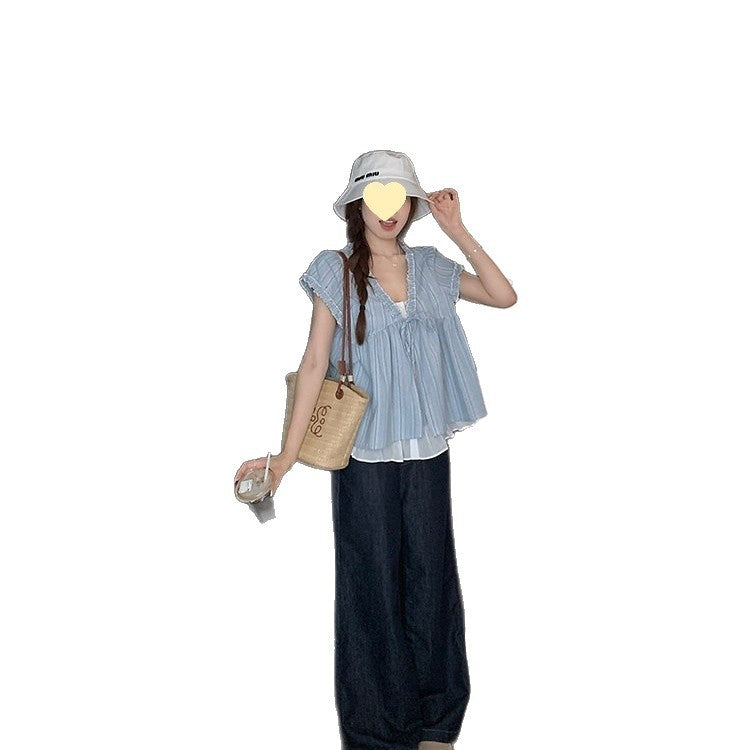 Korean-style Frilly Hem Loose-fit Korean-style Mock Two-piece Short-sleeved Blue