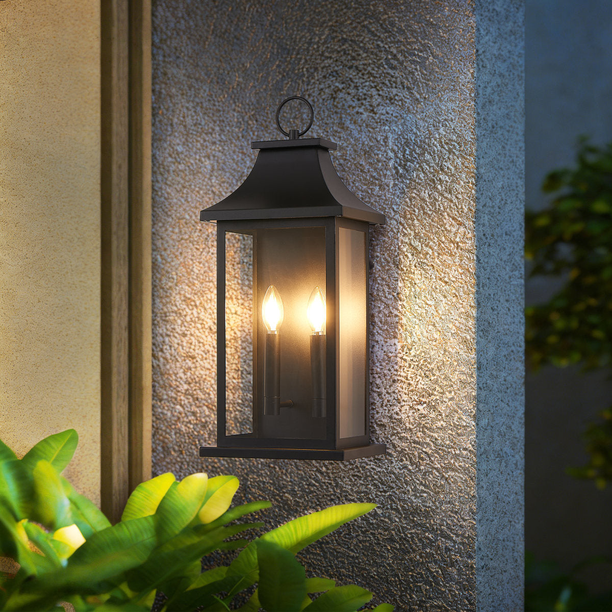 2-Pack Dusk to Dawn Outdoor Wall Lantern 2-Light, 22.2" Large Outside Wall Sconce, Modern Black Wall Light Fixture with Glass, Waterproof Exterior Lamp for House, Porch, Garage