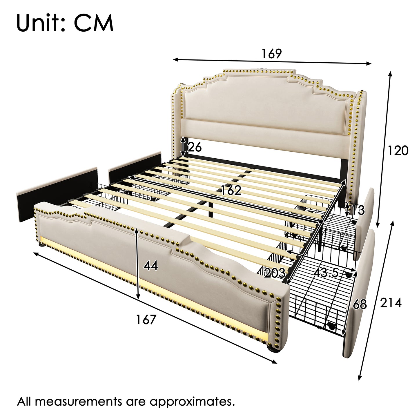 Upholstered Bed 160x200, Double Bed With 4 Drawers, LED Lighting And USB-C Charging Port, Storage Bed And Youth Bed With Slatted Base, Velvet, Beige, Without Mattress