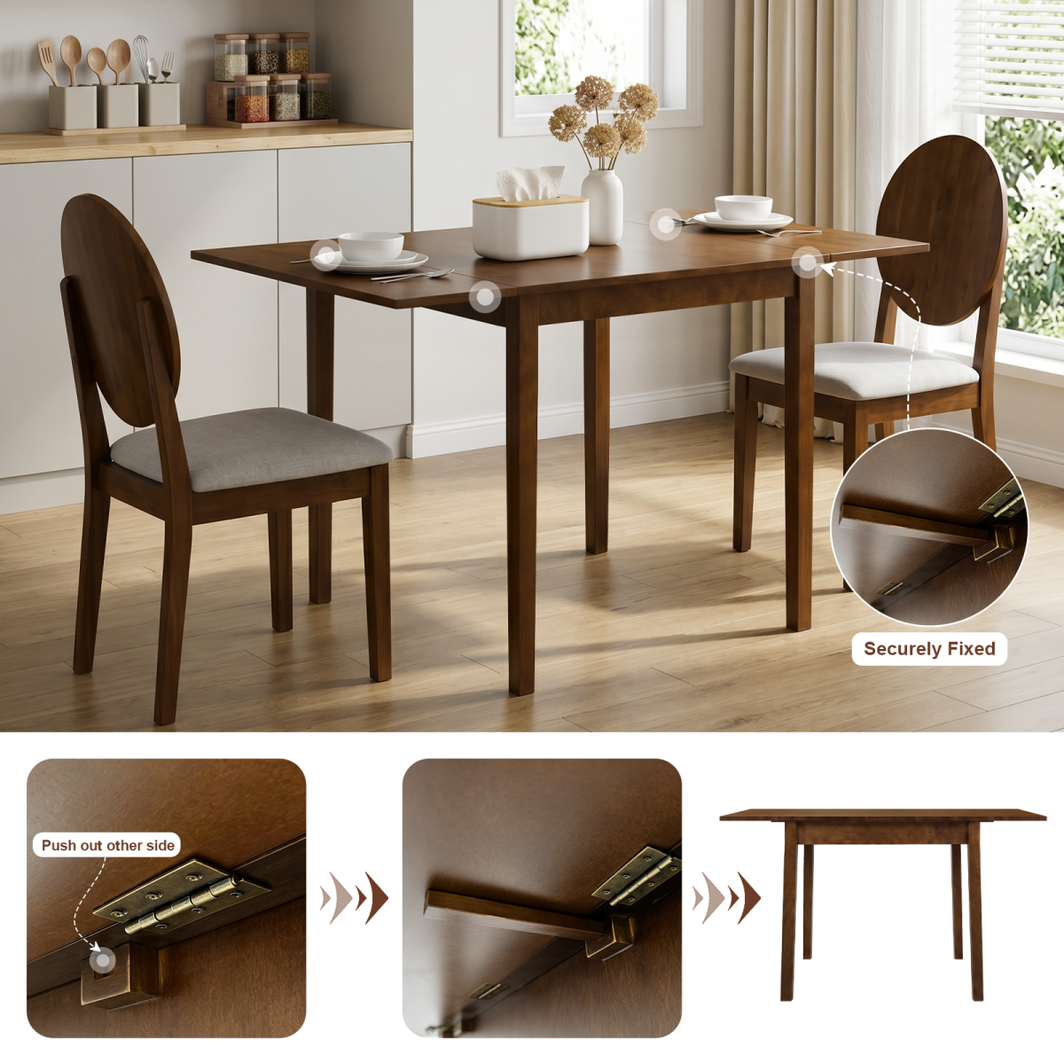31"- 47" Extendable Dining Table for 4, Folding Kitchen Table with Solid Wood Legs, Saving Space, Rectangular Drop Leaf Table for Living Room, Dining Room, Kitchen, Small Space (Walnut , Only Table)