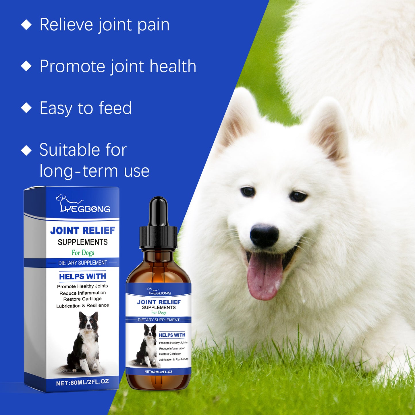 Dog Joint Relief Liquid Supplement Drops, Hip & Joint Care Support For All Breeds Dogs, Relieve Joint Pain, Reduce Inflammation, Restore Cartilage, Improve Mobility, 60ml
