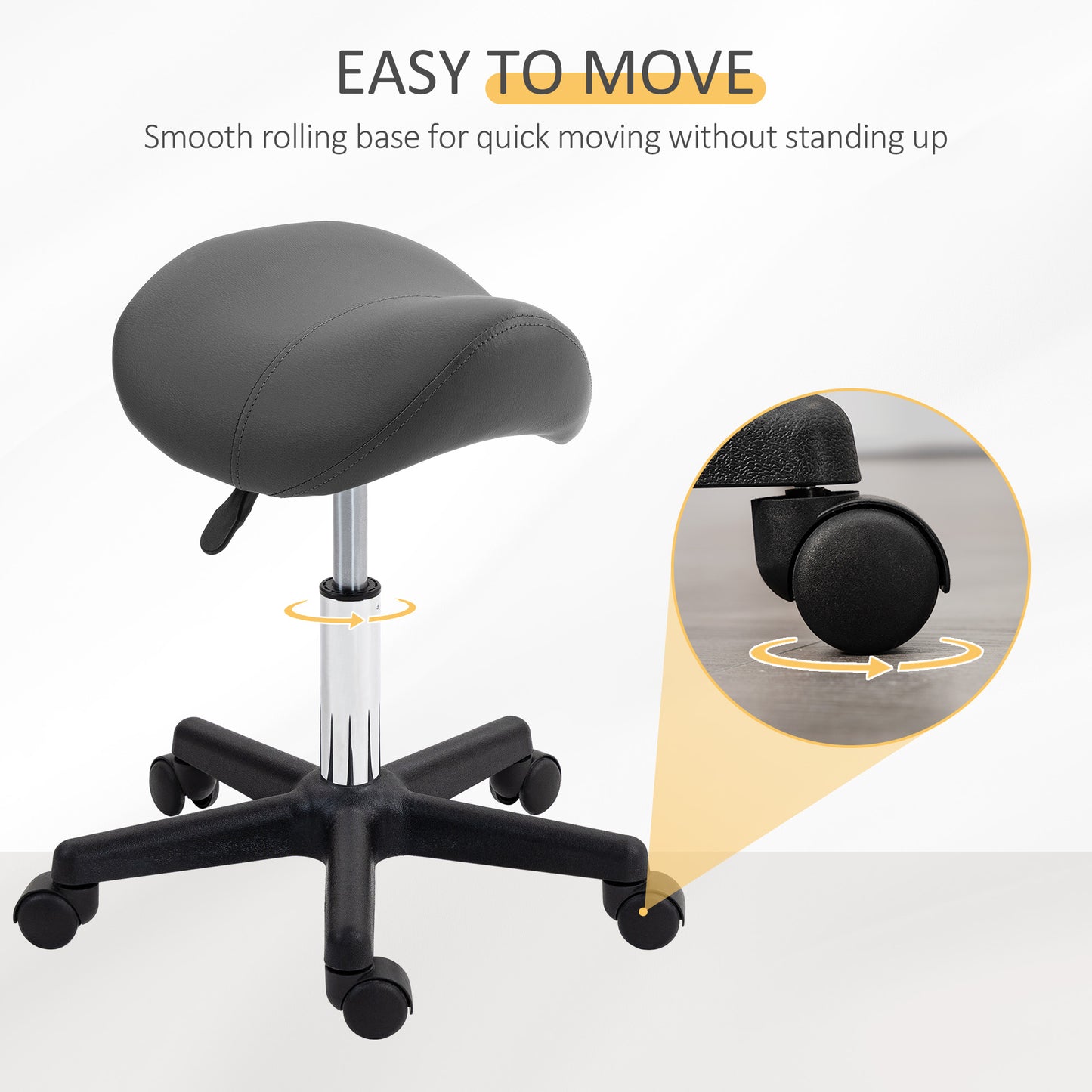 Saddle Stool, PU Leather Adjustable Rolling Salon Chair With Steel Frame For Massage, Spa, Beauty And Tattoo, Grey