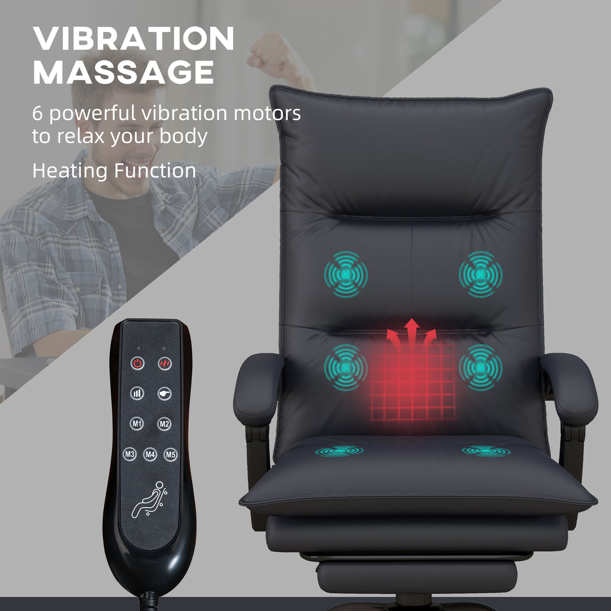 Executive Massage Office Chair With 6 Vibration Points, Microfiber Computer Desk Chair, Heated Reclining Chair With Footrest, Armrest, Double Padding, Charcoal Gray