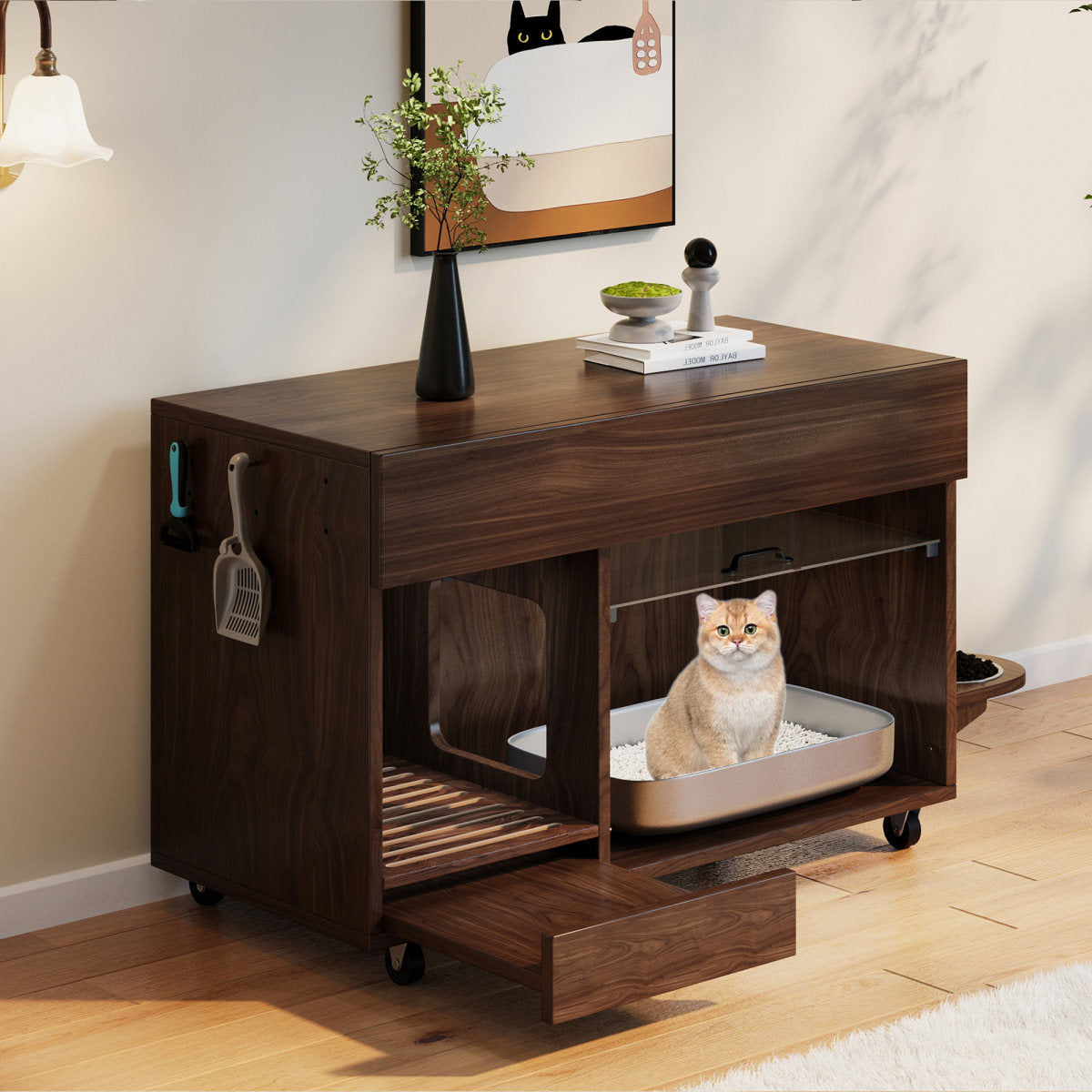 Movable Cat Litter Box Cabinet Cat Litter Box With Cat Food Plates, Sand Drip Tray, Perforated Plate With Hook Holes, Without Litter Box, 1 0 0x45.5x67 Cm, Walnut Colour