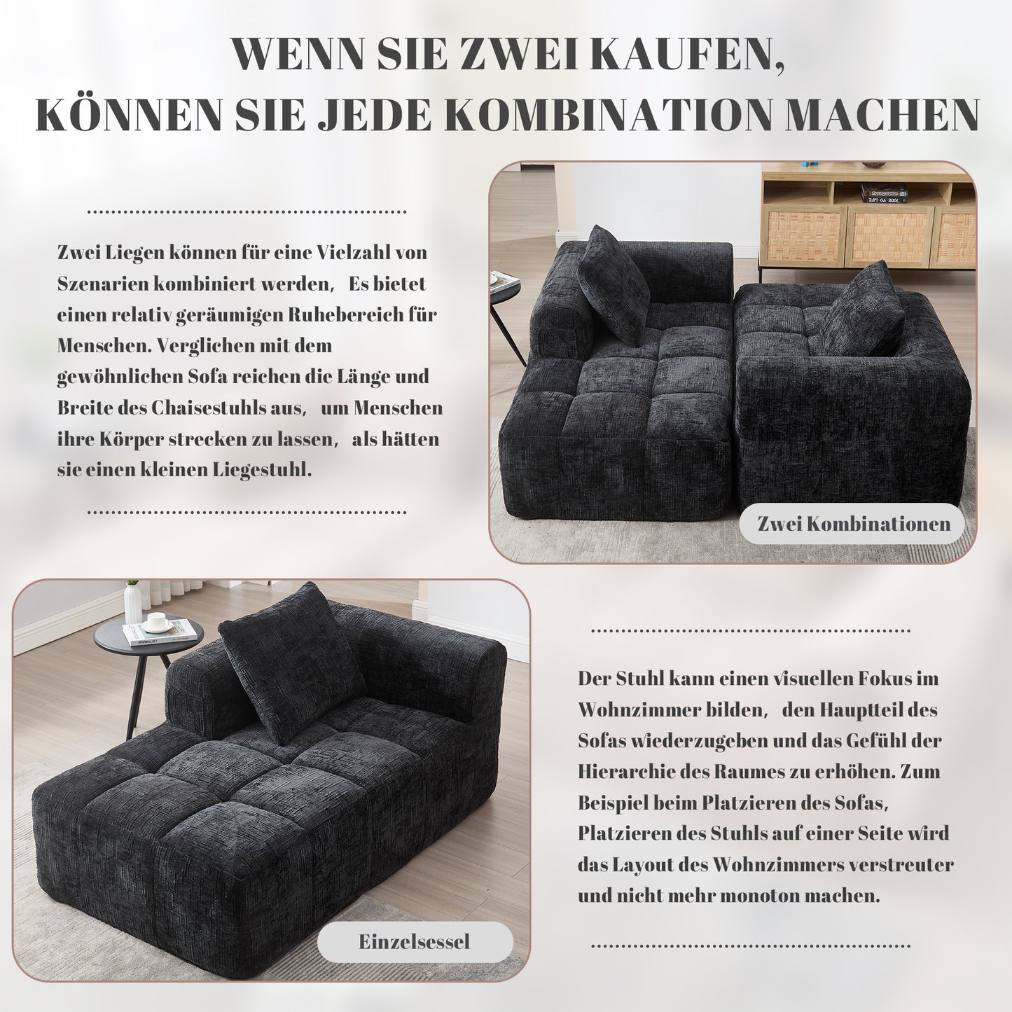 Comfortable Chaise Longue Sofa, No Assembly Required, Soft Sofa With Cushions, Side Pockets For Remote Control And Mobile Phone, Neat And Stylish, Black
