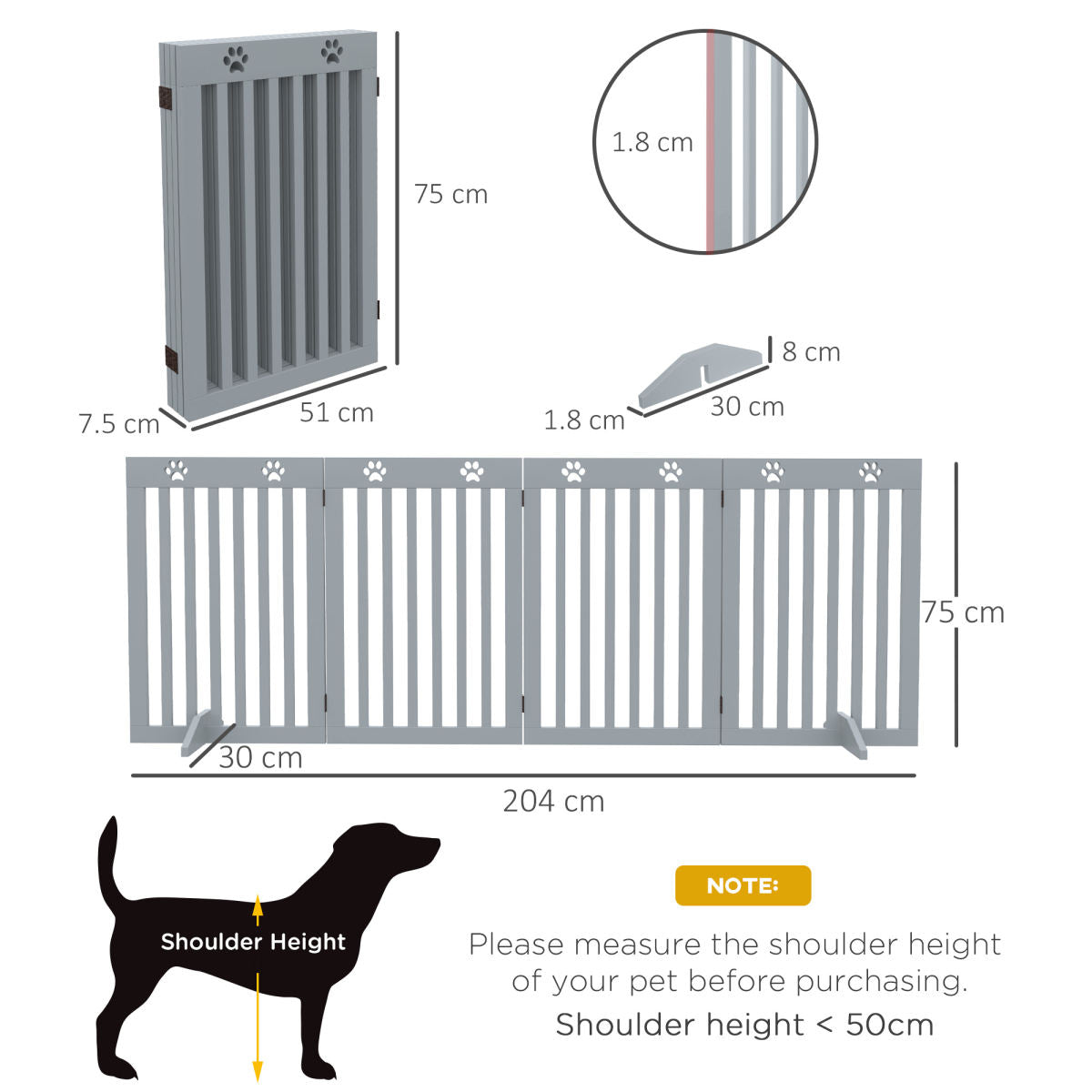 PawHut Wooden Pet Gate Foldable Freestanding Dog Safety Barrier W Support Feet, Grey