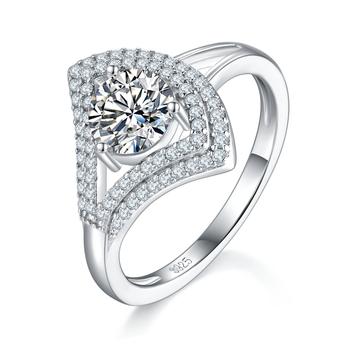 S925 Sterling Silver 1ct Moissanite Ring, D-VVS1 Round Cut Geometric V-Halo, Platinum Plated 3g US 5-9 GRA Gift Box