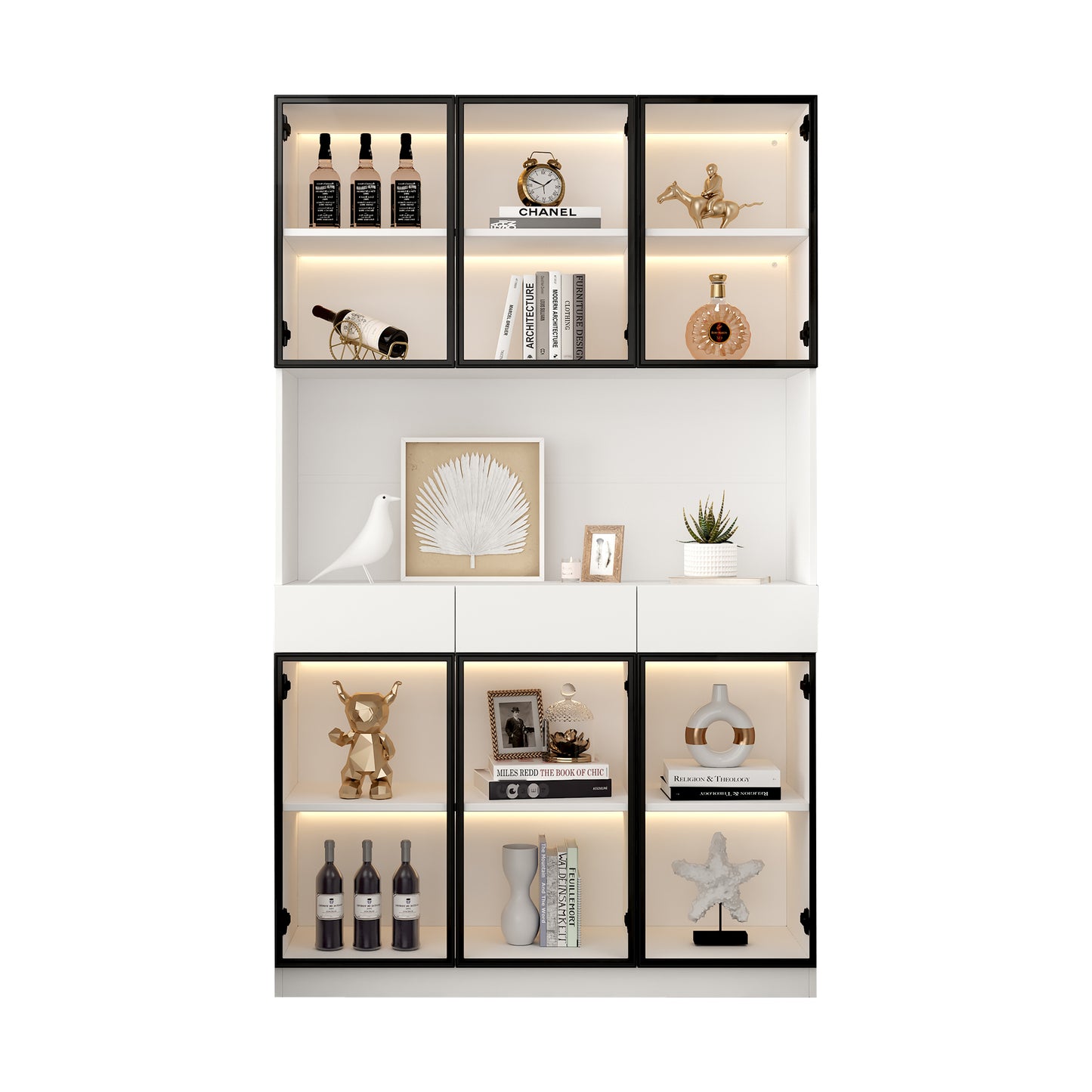Glass Cabinet Door, 200cm High, White Display Cabinet With LED Lights, Multi-storage Bookshelf For Collections, Bedroom, Living Room, Office, White - Black Door Frame