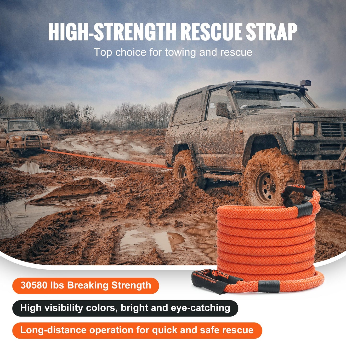 7/8" X 30' Kinetic Recovery Tow Rope 30,580lbs, Heavy-Duty Off Road Snatch Strap With 2 Soft Shackles (41750lbs) Extreme Duty 30% Elasticity Energy Snatch Strap Jeep Car Truck ATV Tractor