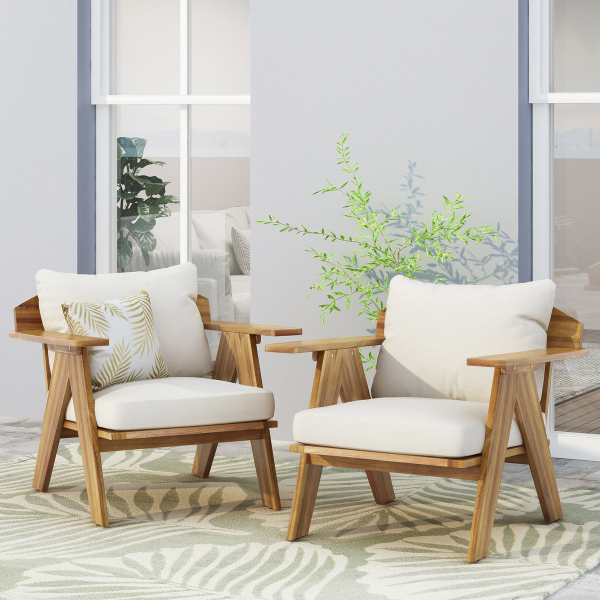 Outdoor Acacia Wood Club Chairs With Cushions Set Of 2 , Teak Finish Beige, 30.75 W X 30.25 D X 26.00 H