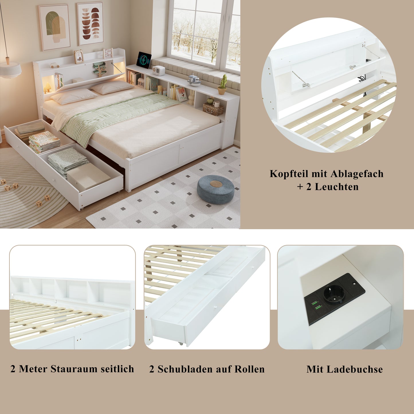 Double Bed, Panel Bed, Headboard With Storage Compartment 2 Lights, With Charging Socket, Side Storage Cupboards And Drawers, Pine Chipboard MDF, White, 140x200cm