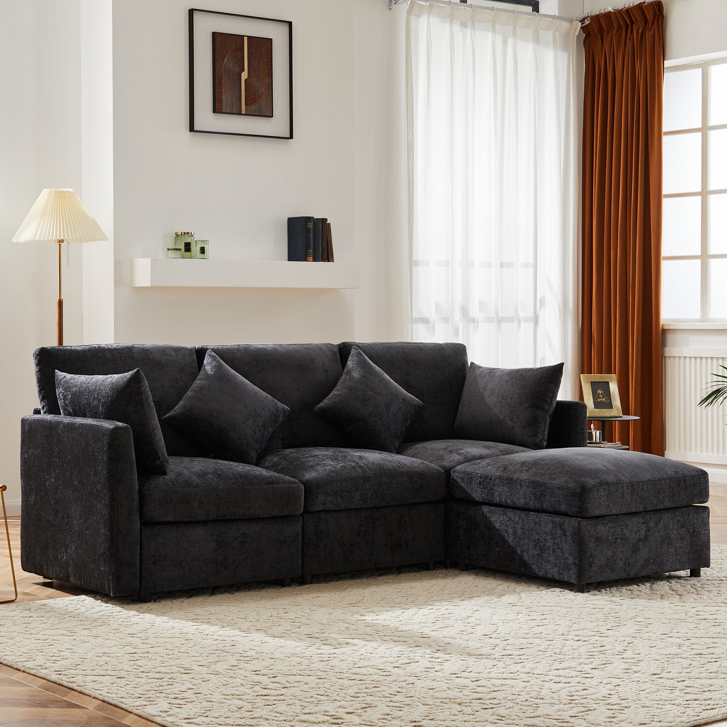 L-shaped Corner Sofa, Convertible To 3-seater, Modular Design, With Movable Stool And 4 Chenille Cushions, Ideal For Living Room, Apartment And Office, Gray, With Video