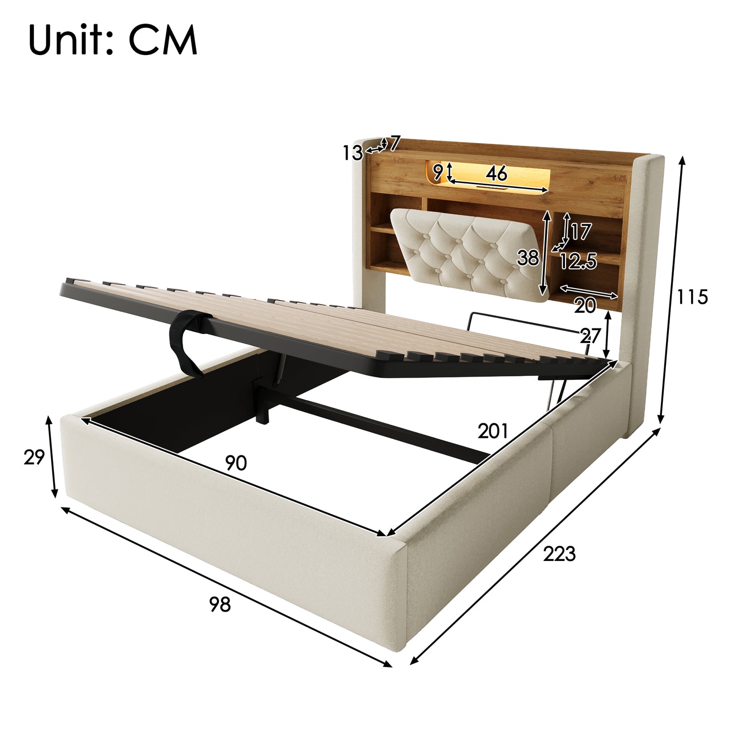 Upholstered Bed 90x200cm With Hydraulic Bed Storage & LED Lighting, Bed Frame With USB Type-C Charging Function, Headboard With Shelf & Storage Space, Linen Fabric, Beige Without Mattress