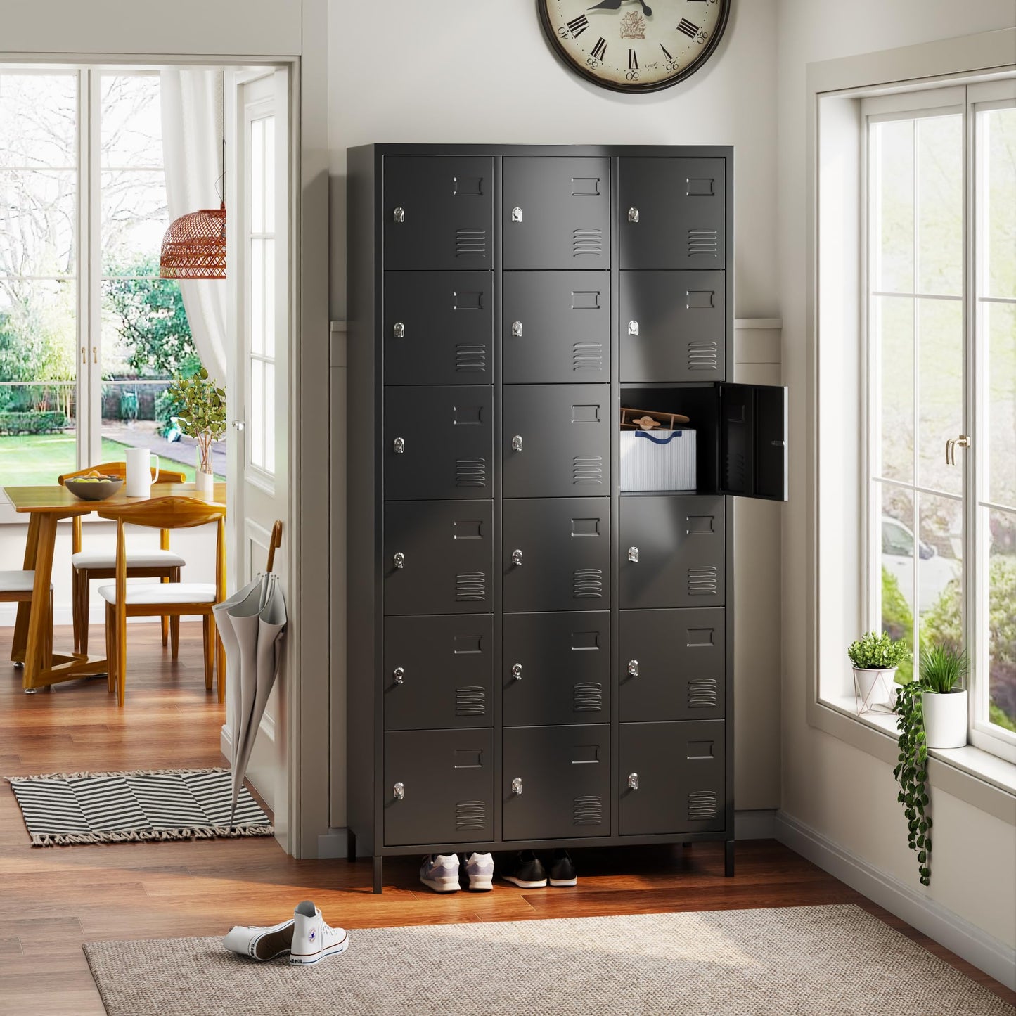 Lockers For Employees, 18 Doors Metal Storage Locker With Card Slot And Ventilation Holes For Office Home School Gym Garage, Black, Assembly Required