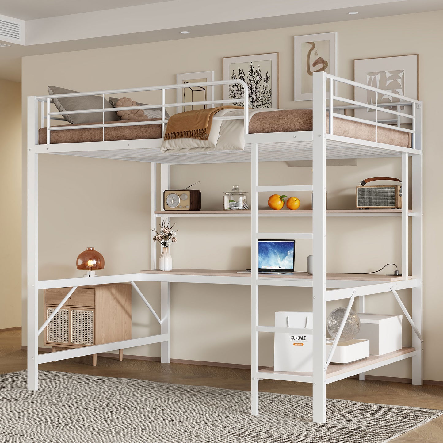 Loft Bed, 140x200 Cm, Railing, Stepladder, With Usb And Socket, With LED Lights, Desk, Multi-storey Shelf, Without Mattress, Metal, White