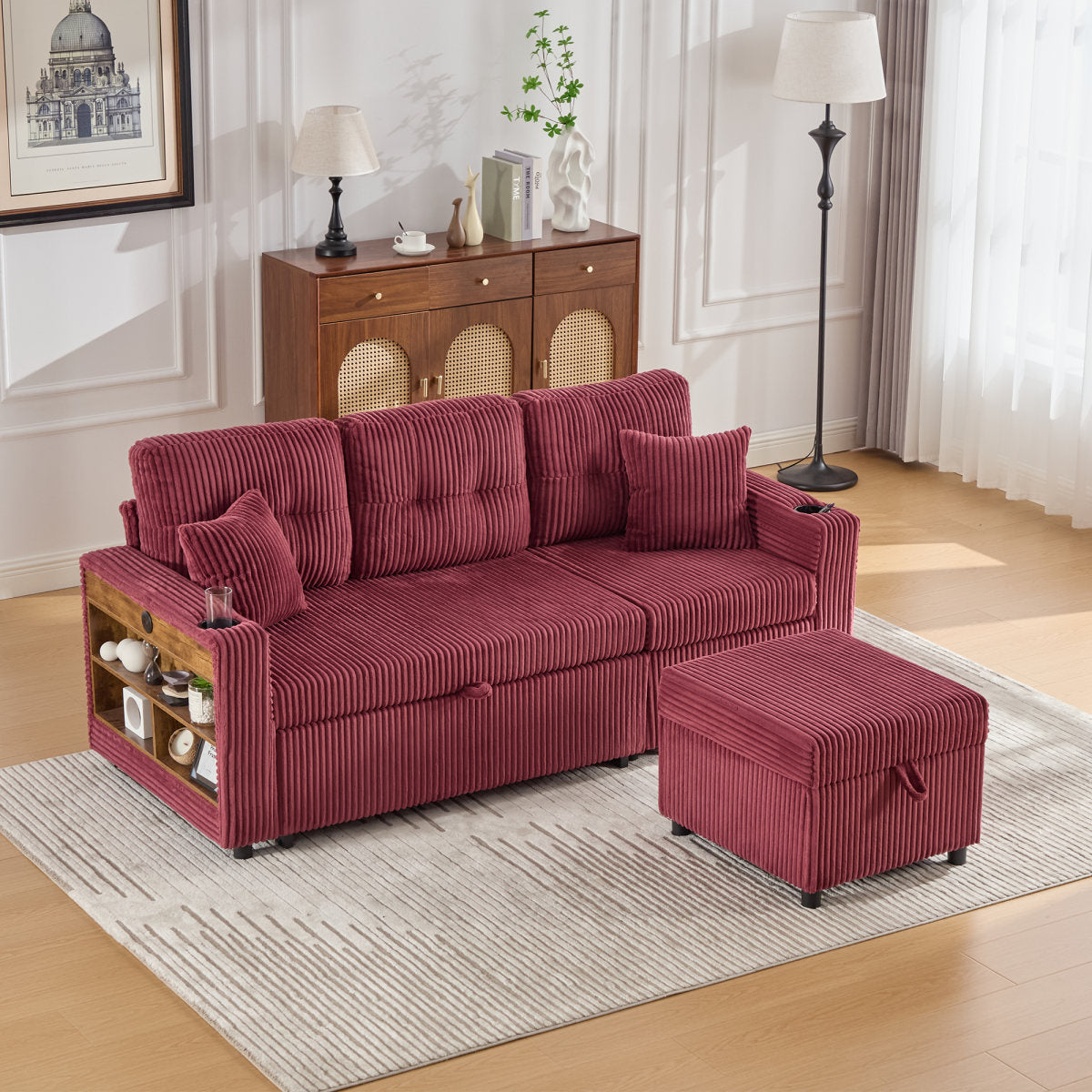 Multifunctional Corduroy Sofa With Storage Space & Pull-out Bed. Incl. USB-C, Ambient Lighting, Cup Holders & Wide Armrests. Creates Cosy Feel-good Areas In Living Rooms And Guest Rooms.