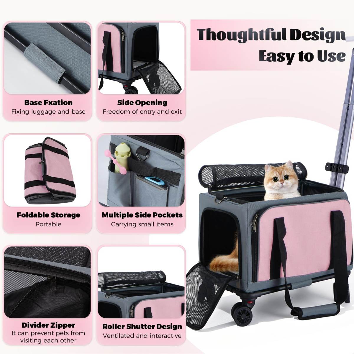 3-Sided Expandable Rolling Pet Carrier With Wheels, Small Cat Dog Travel Carrier, Foldable Portable Bag Grey For Travel Camping Vet Outdoor Indoor Use