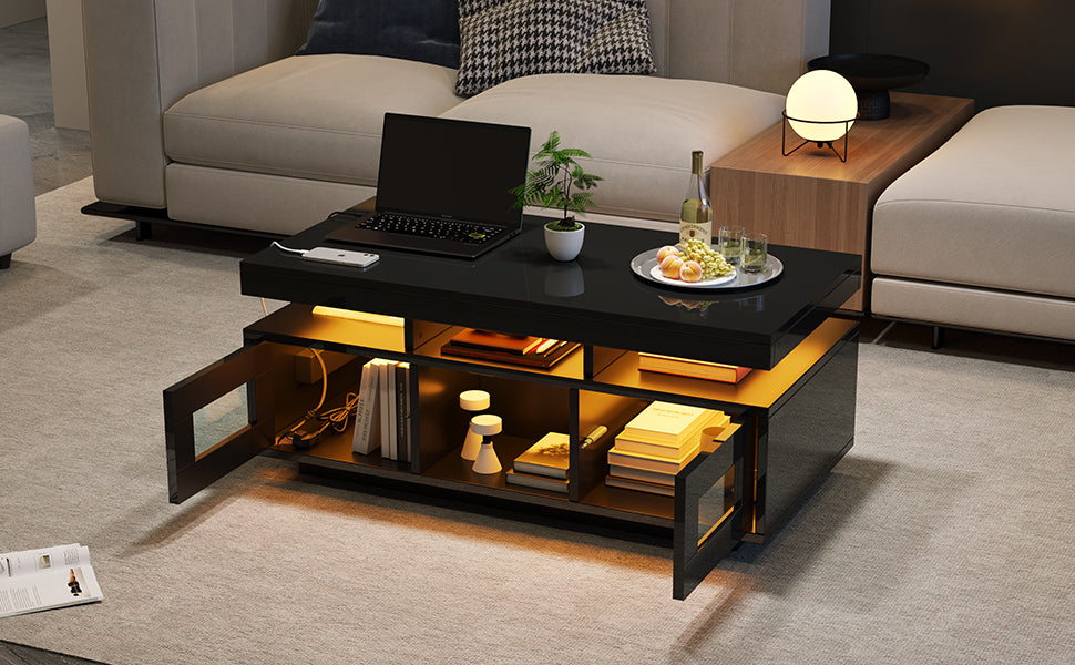 100x50x43cm Black High Gloss Coffee Table, With LED Lights Controllable By Mobile App, Living Room Table With Cabinet, Sofa Table With Charging Port And Socket, Suitable For Office, Study