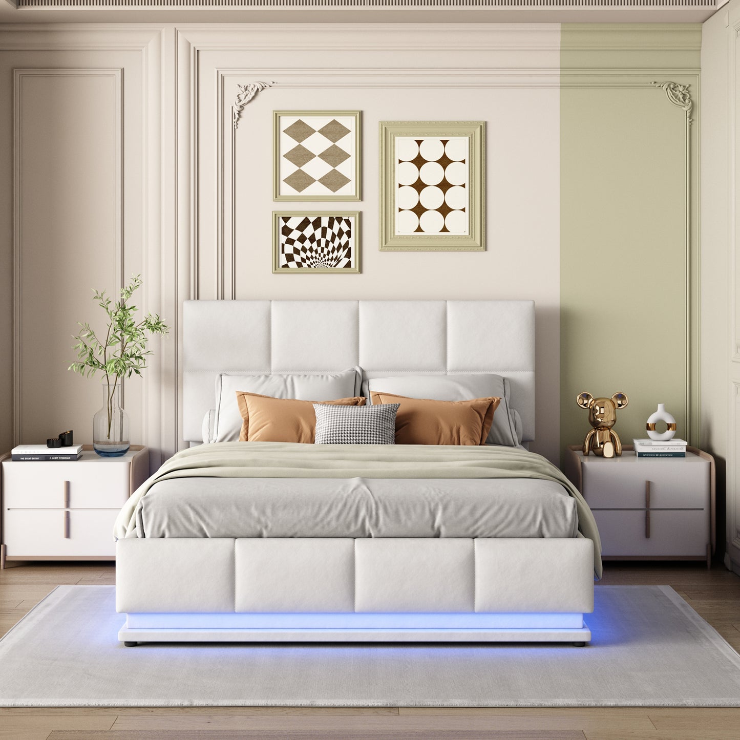 Upholstered Bed 140x200 Cm With LED Lighting & Hydraulically Liftable Bed Storage, Bed Box & Slatted Frame Covered In Faux Leather, Double Bed For Adults Or Teens, White