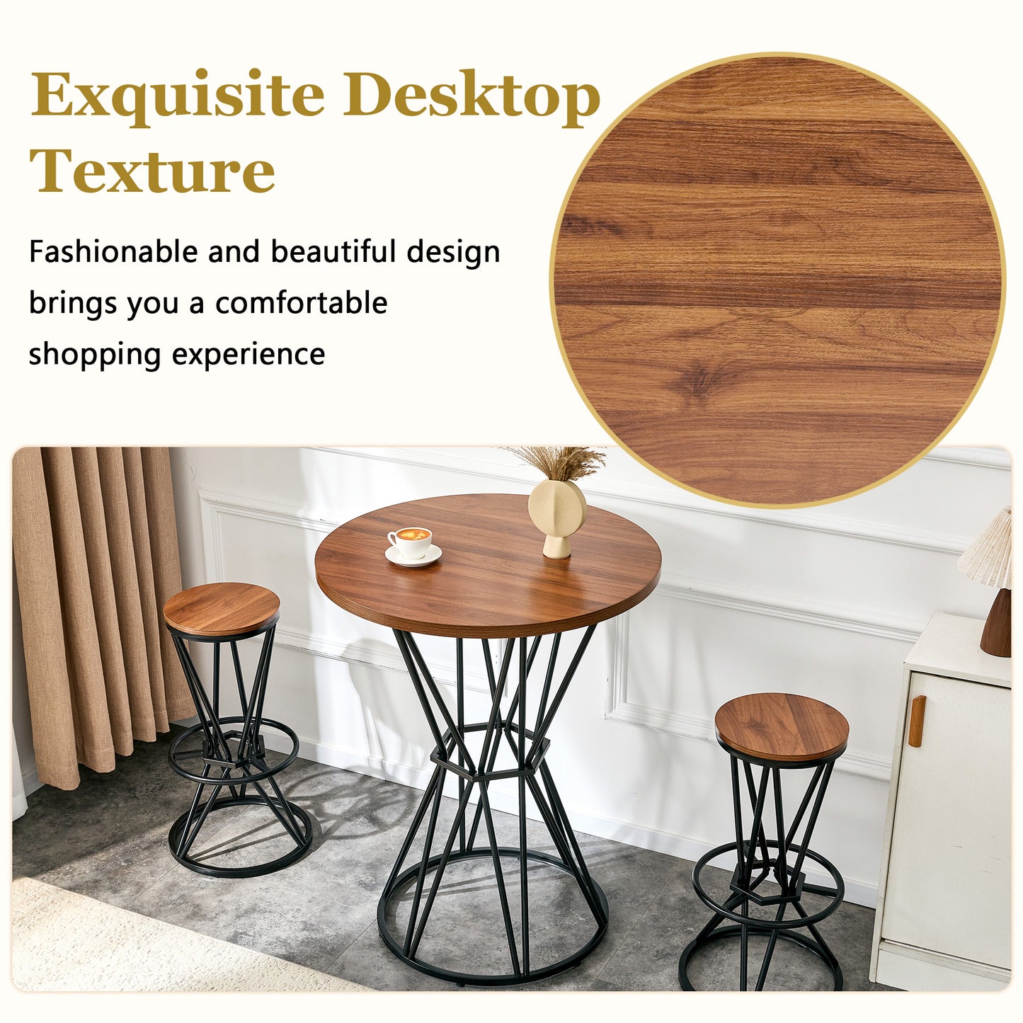 Single Package Bar, Table, Chair Set.31.5-inch Walnut Wood Grain MDF Tabletop With Black Metal Frame, Industrial Style Bar Counter Combination,suitable For Kitchen Island Countertops,seating 2 People.