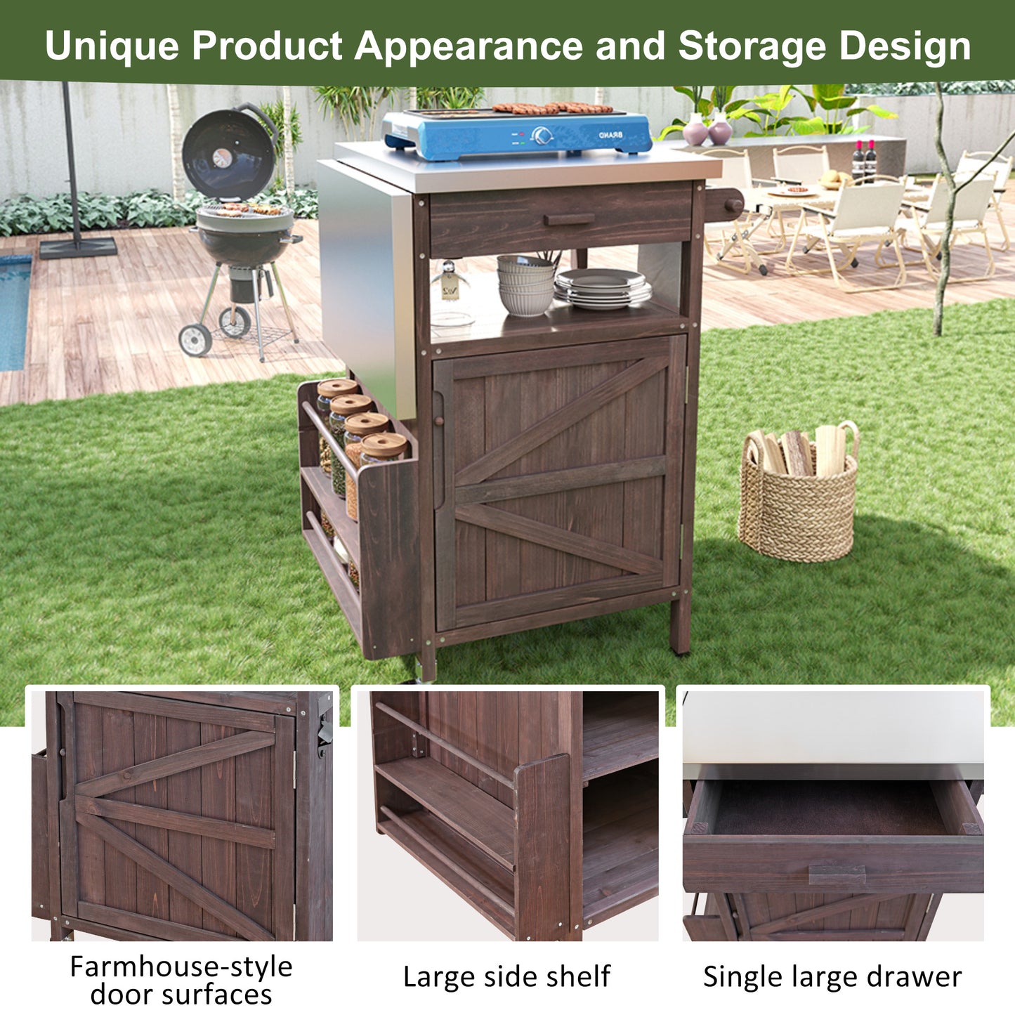 K&K 40.5 Outdoor Grill Cart With Stainless Steel Top, Solid Wood Outdoor Storage Cabinet With Drop Leaf, One Drawer, Towel Rack, Rolling Kitchen Cart With Lockable Wheels For Lawn Garden, Brown