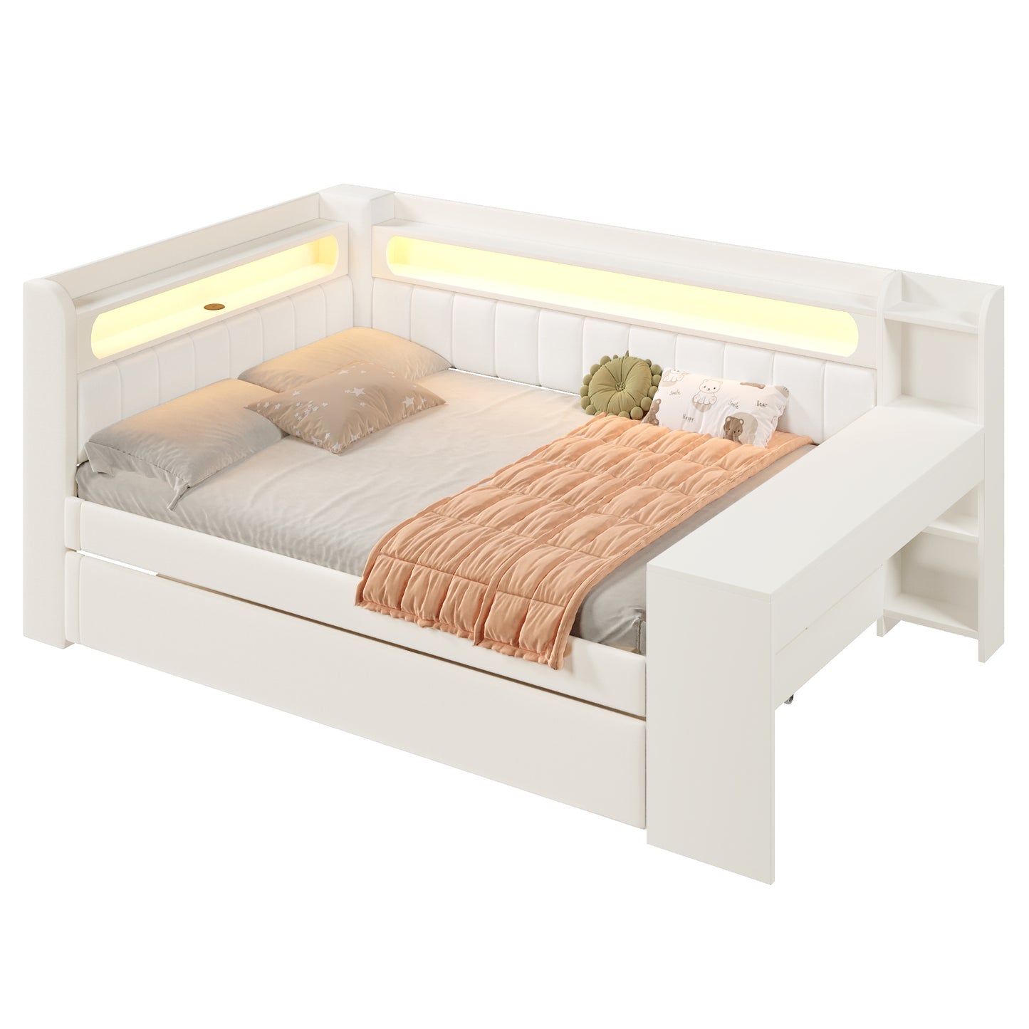 Padded 140x200 Daybed With USB Ports And LED Belt, With Trundle Bed And Desk, White