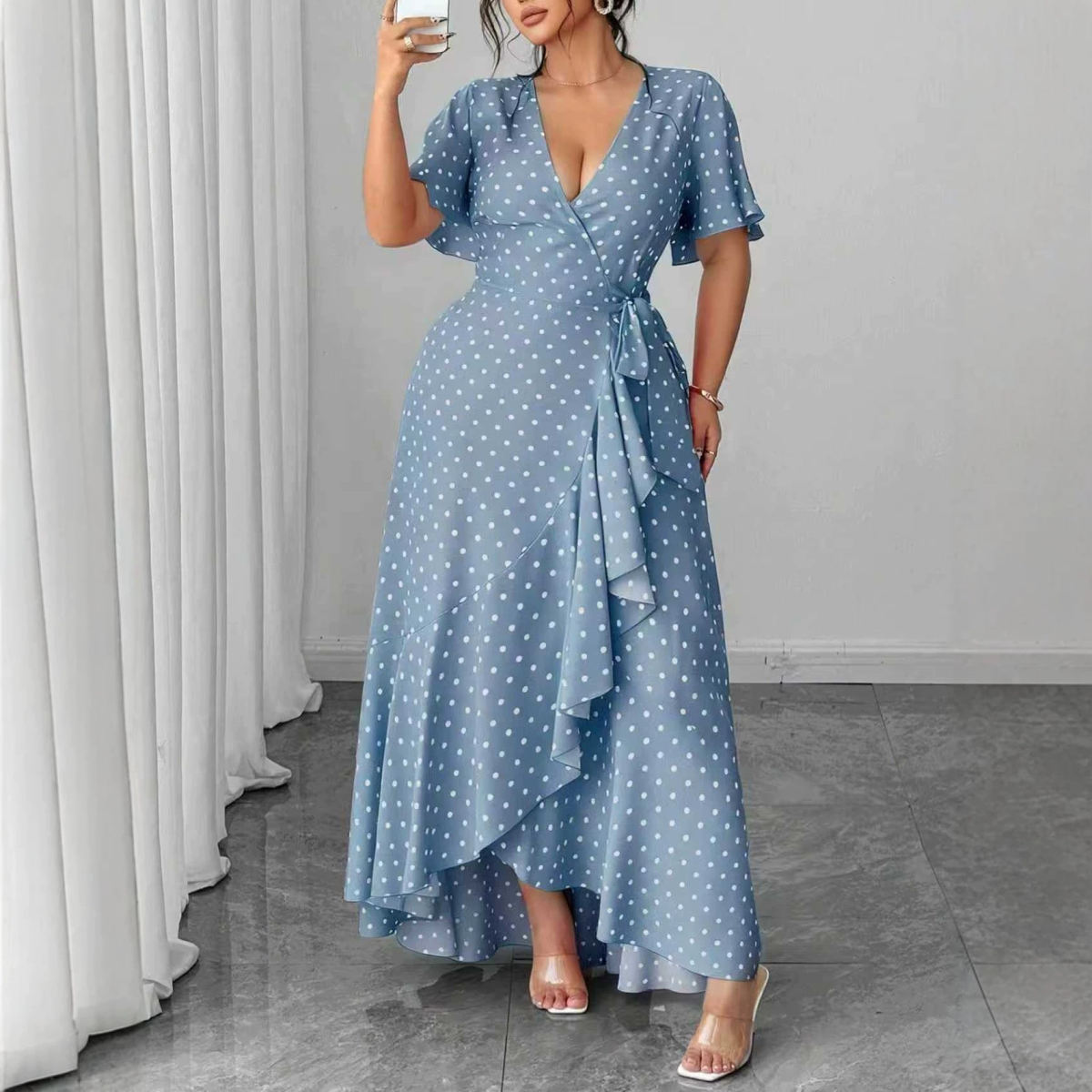 New Minimalist Elegant V-neck Midi Dress With Floral Print And Tie-up Detailing