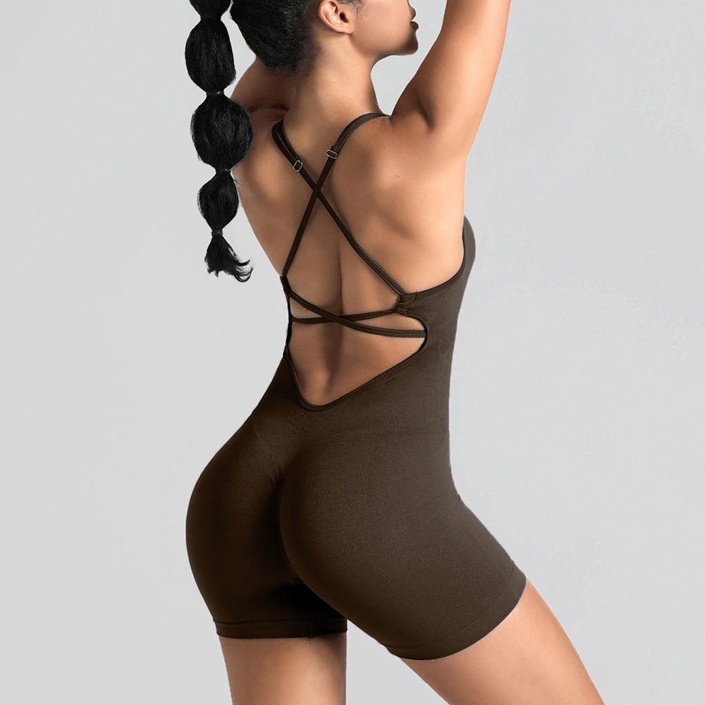 Seamless One-Piece Yoga Jumpsuit, Outdoor Back-Support Sports Bra, Peach Butt Fitness Outfit, Strappy Skin-Tight Bodysuit