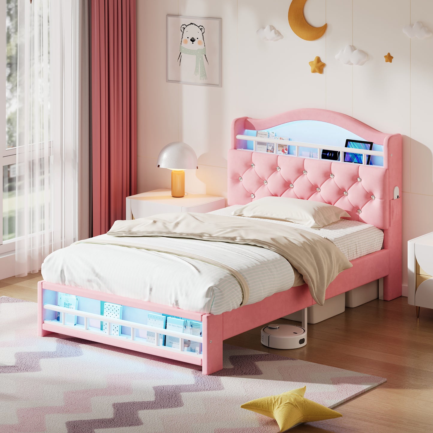 3ft Single Upholstered Velvet Bed Frame, LED Bed Frame With Charging Station & Diamond Tufted Headboard, Concealed Headboard Storage With USB And Type - C Ports, Easy Assembly, Pink No Mattress