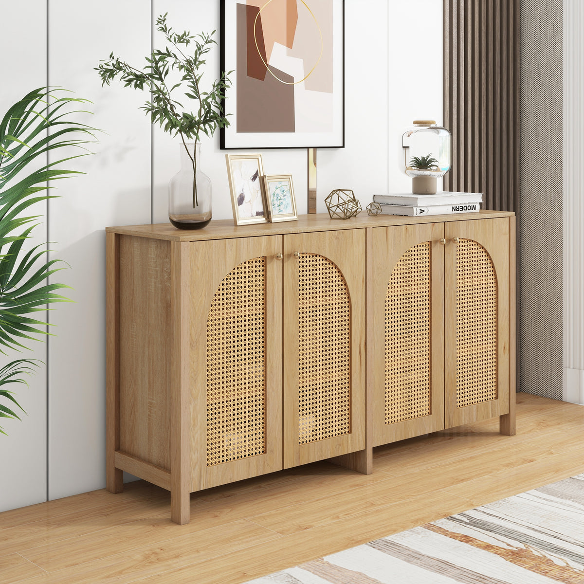 Modern Minimalist Style Sideboard 4 Rattan Door, Metal Handle Simple Buffet Cabinet For Dining Room, Living Room, Kitchen Natural Wood