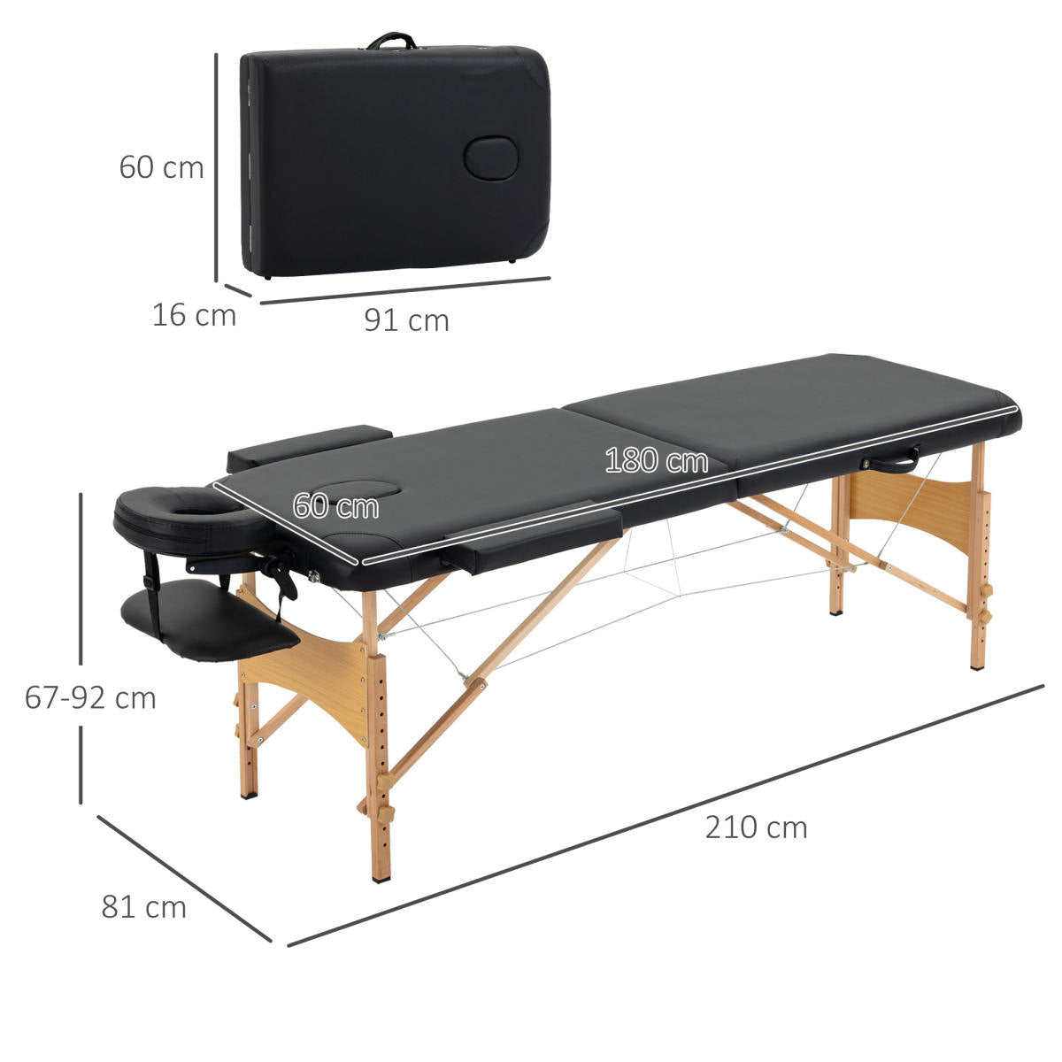Portable Massage Bed, Folding Spa Beauty Massage Table With 2 Sections, Carry Bag And Wooden Frame, Black