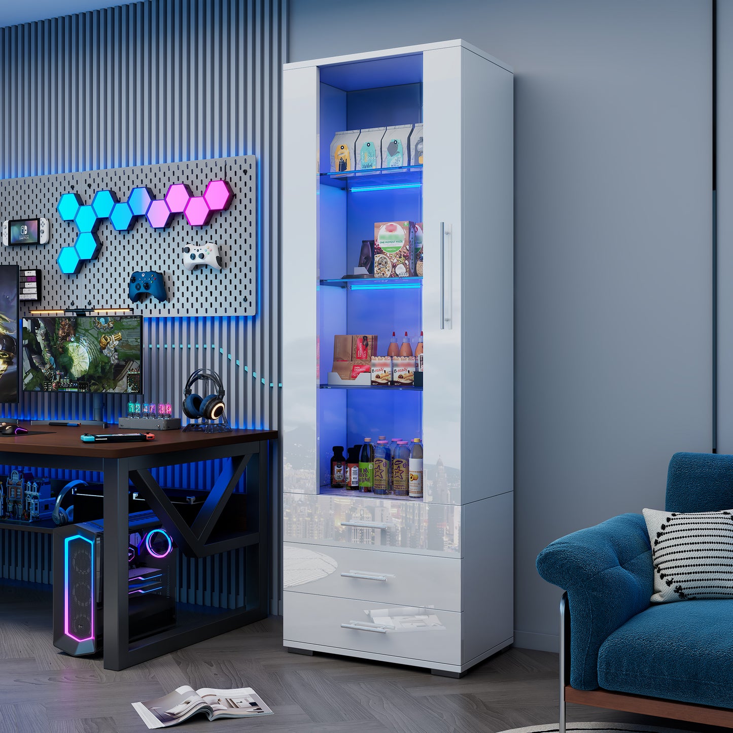 White High Gloss Display Case, Glass Display Case, Floor Standing Display Case With LED Lighting, Vertical Display Case With 3 Drawers, 60x35x180cm