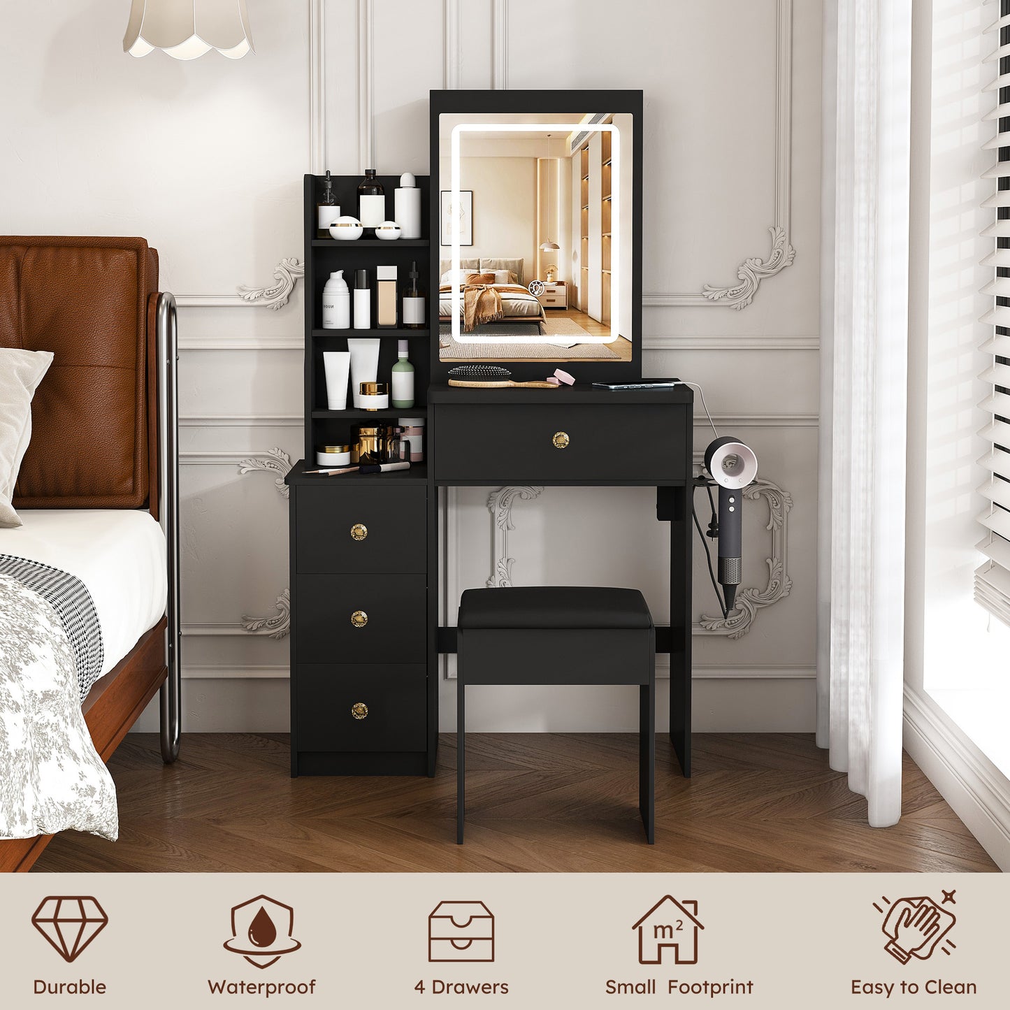 Modern Vanity Desk Featuring 3 Modes Of LED Lighting With Adjustable Brightness With 4 Drawers And Multiple Open Storage Shelves With A Hair Dryer Holder And Power Socket A Dressing Chair. Black
