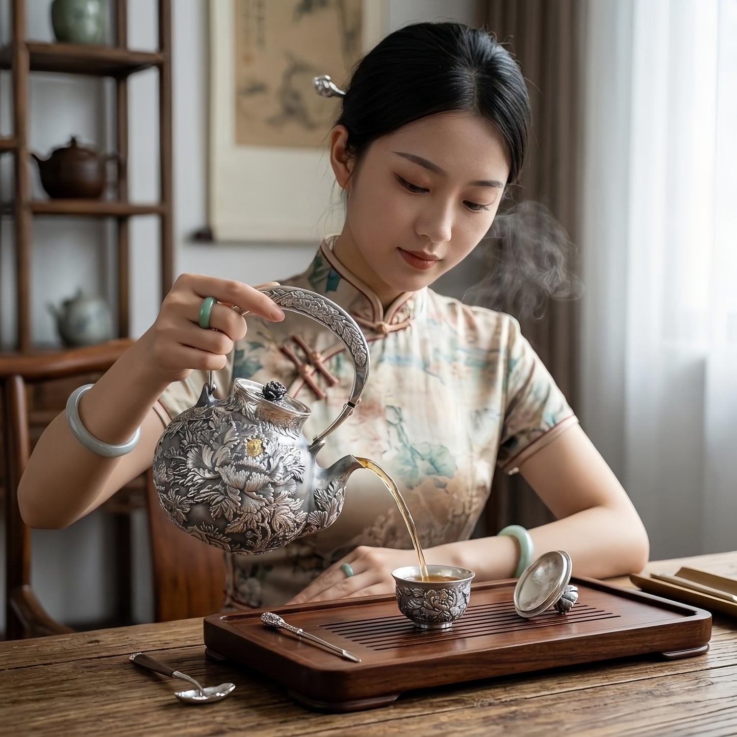 Pure 999 Fine Silver Exquisite Hand-Crafted Silver Tea Kettle with Ornate Peony Relief and Floral Finial - Handicraft