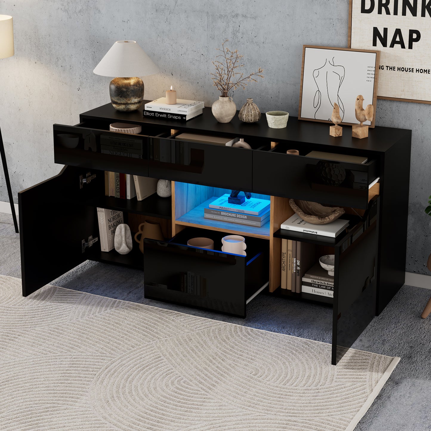 140x40x70cm Living Room Credenza,Sideboards With 4 Drawers,Cabinet With Two Compartments,Wide Handleless Dresser,Versatile,High Gloss Sofa Side Cabinet With LED Lighting,Black Wood Color